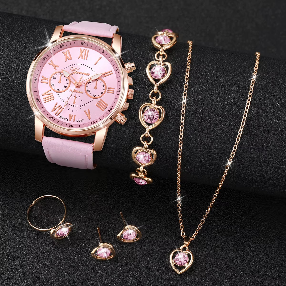 5/6PCS Fashion Women'S Quartz Watch Leather Band Analog Wrist Watches Heart Rhinestone Jewelry Set(Without Box)