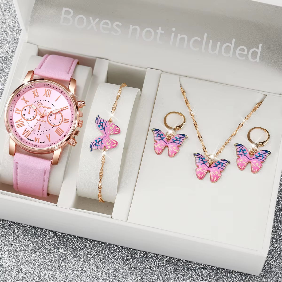 5/6PCS Fashion Women'S Quartz Watch Leather Band Analog Wrist Watches Heart Rhinestone Jewelry Set(Without Box)