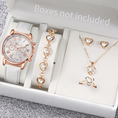 5/6PCS Fashion Women'S Quartz Watch Leather Band Analog Wrist Watches Heart Rhinestone Jewelry Set(Without Box)